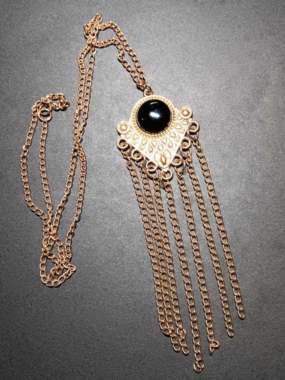 Vintage Gold Tone Black Cabochon Tassel Necklace - Boho Statement